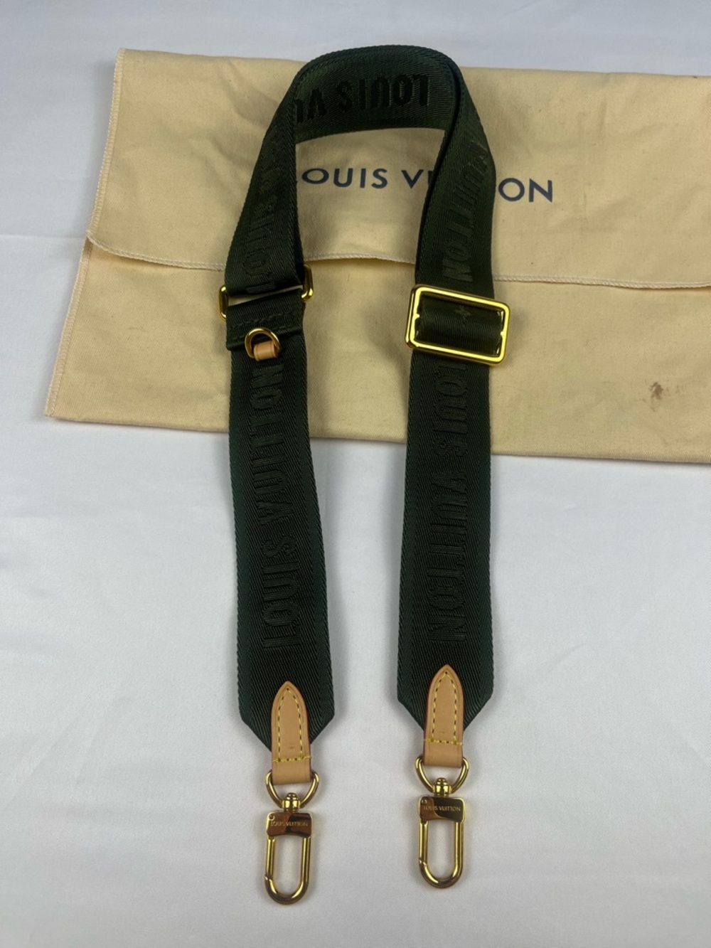Louis Vuitton Adjustable Shoulder Strap Green Canvas Gold Hardware w/ Dust Bag